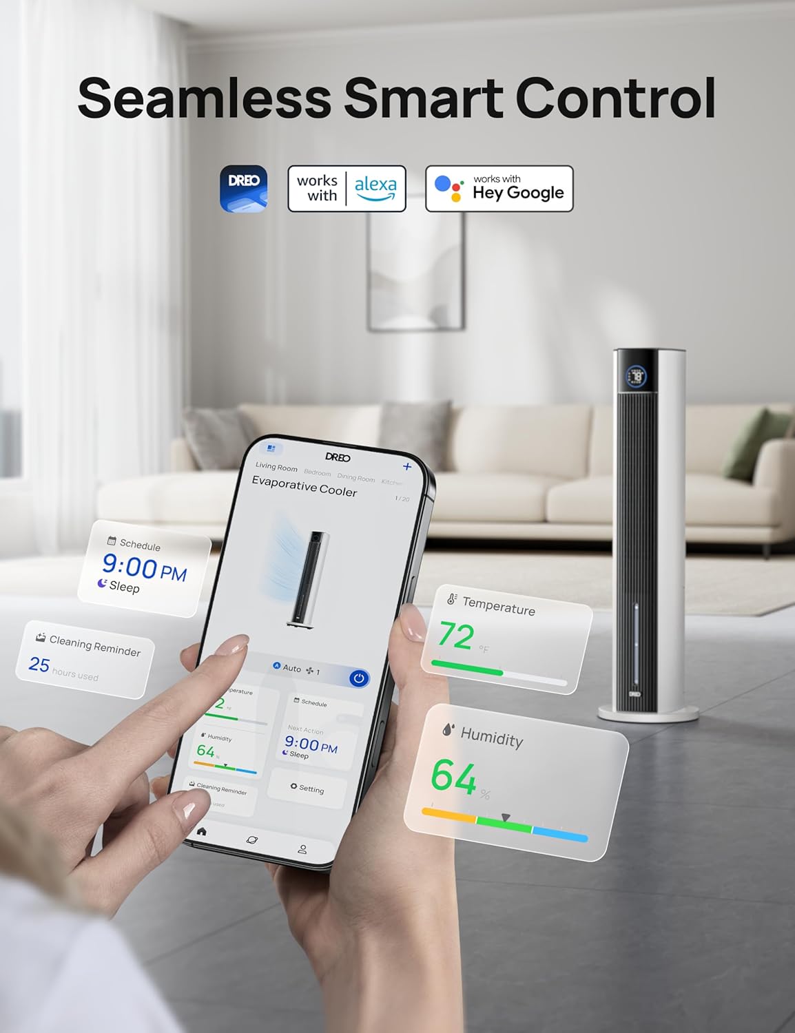 DREO Ventilatore a torre con raffreddamento ad acqua, raffrescatore da 110 cm, silenzioso, 4 velocità, 4 modalità, evaporativo, controllo tramite app, ghiaccio incluso, oscillazione a 80°, timer 12H, bianco
