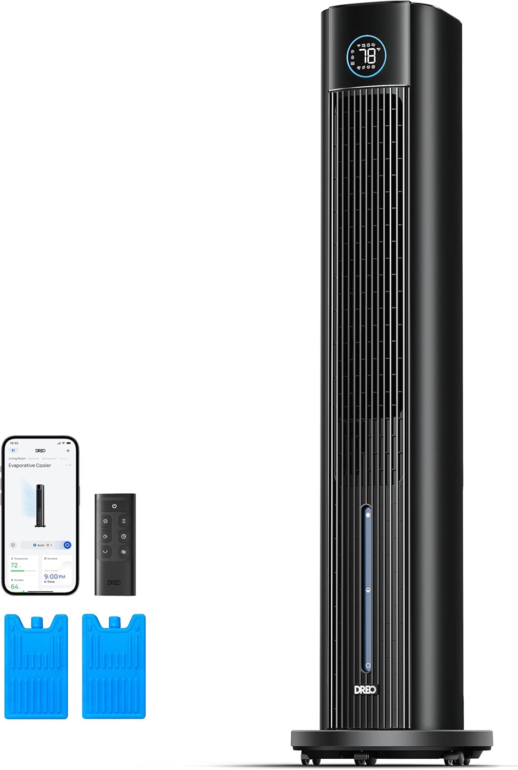 DREO Ventilatore a torre con raffreddamento ad acqua, raffrescatore da 110 cm, silenzioso, 4 velocità, 4 modalità, evaporativo, controllo tramite app, ghiaccio incluso, oscillazione a 80°, timer 12H, bianco