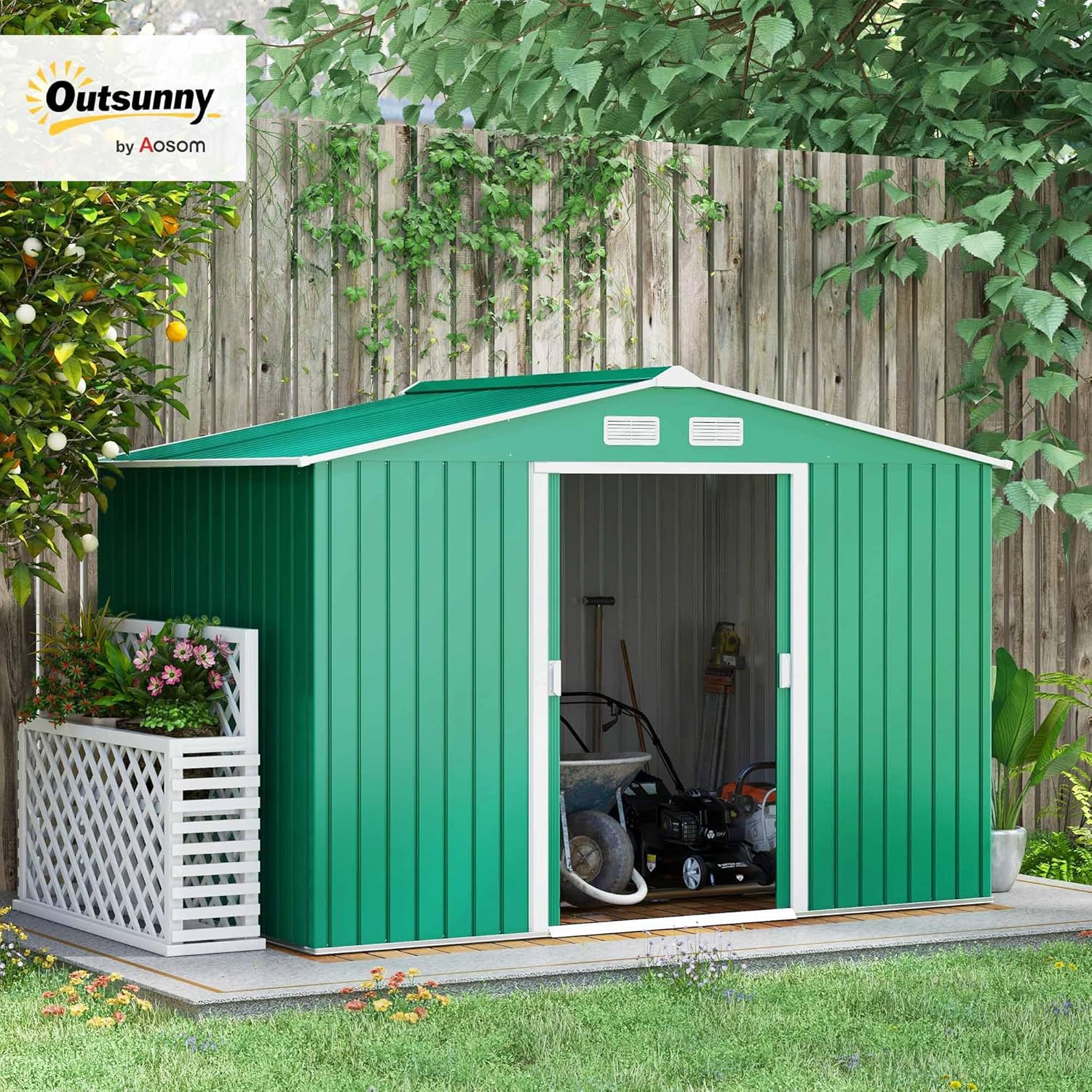 Outsunny Casetta da Giardino 4.9 m² con Fondazione, 4 Prese d'Aria e 2 Porte Scorrevoli, Capanno Porta Attrezzi in Lamiera d'Acciaio, 277x195x192 cm, Giallo