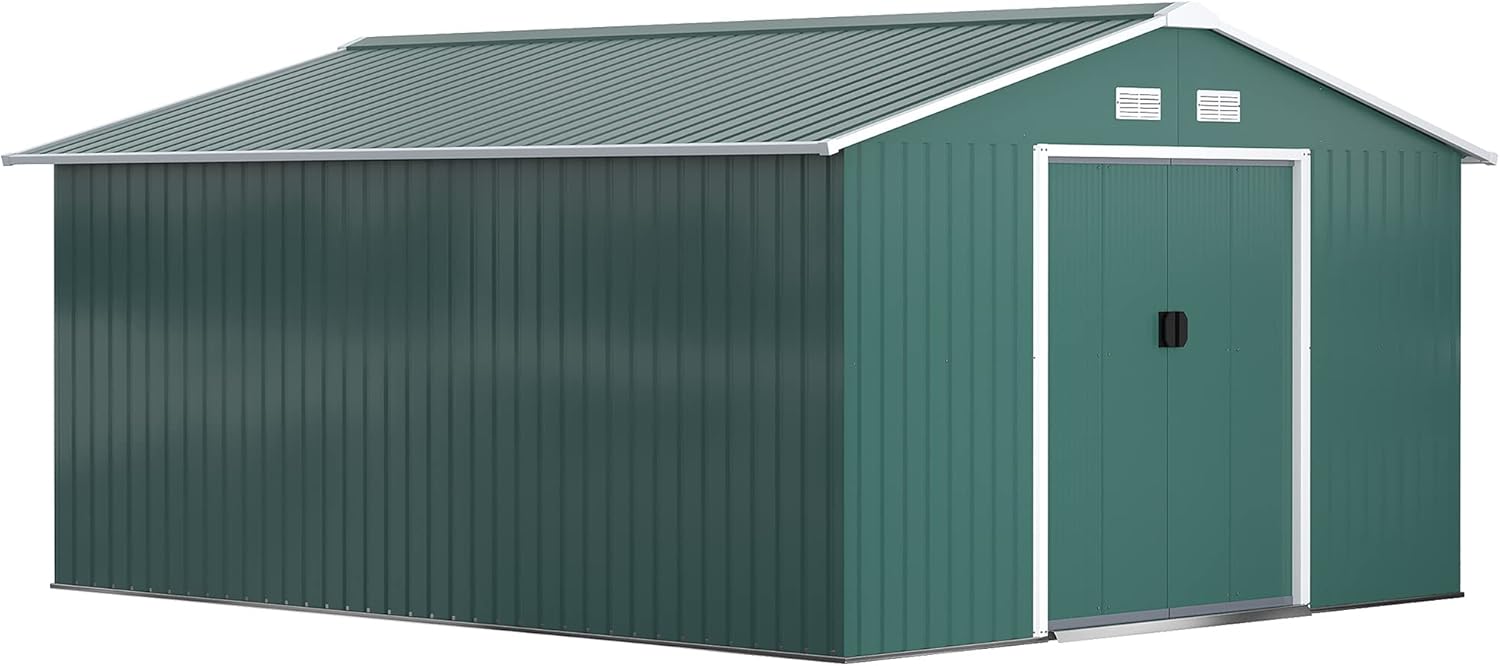 Outsunny Casetta da Giardino 4.9 m² con Fondazione, 4 Prese d'Aria e 2 Porte Scorrevoli, Capanno Porta Attrezzi in Lamiera d'Acciaio, 277x195x192 cm, Giallo