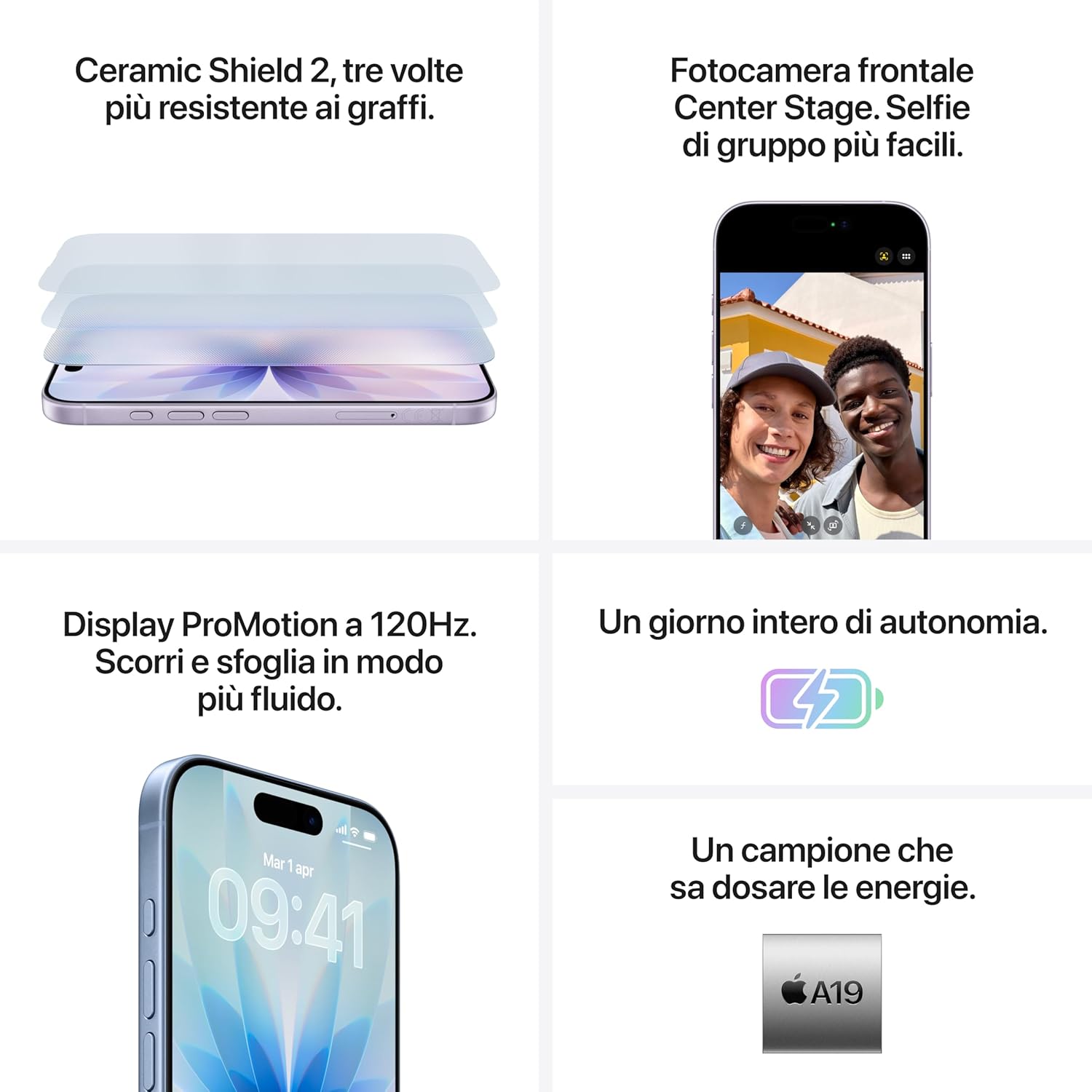 Apple iPhone 17 256 GB: display 6,3" con ProMotion, chip A19, fotocamera frontale Center Stage per selfie di gruppo più facili, più resistenza ai graffi, un giorno intero di batteria; Nero
