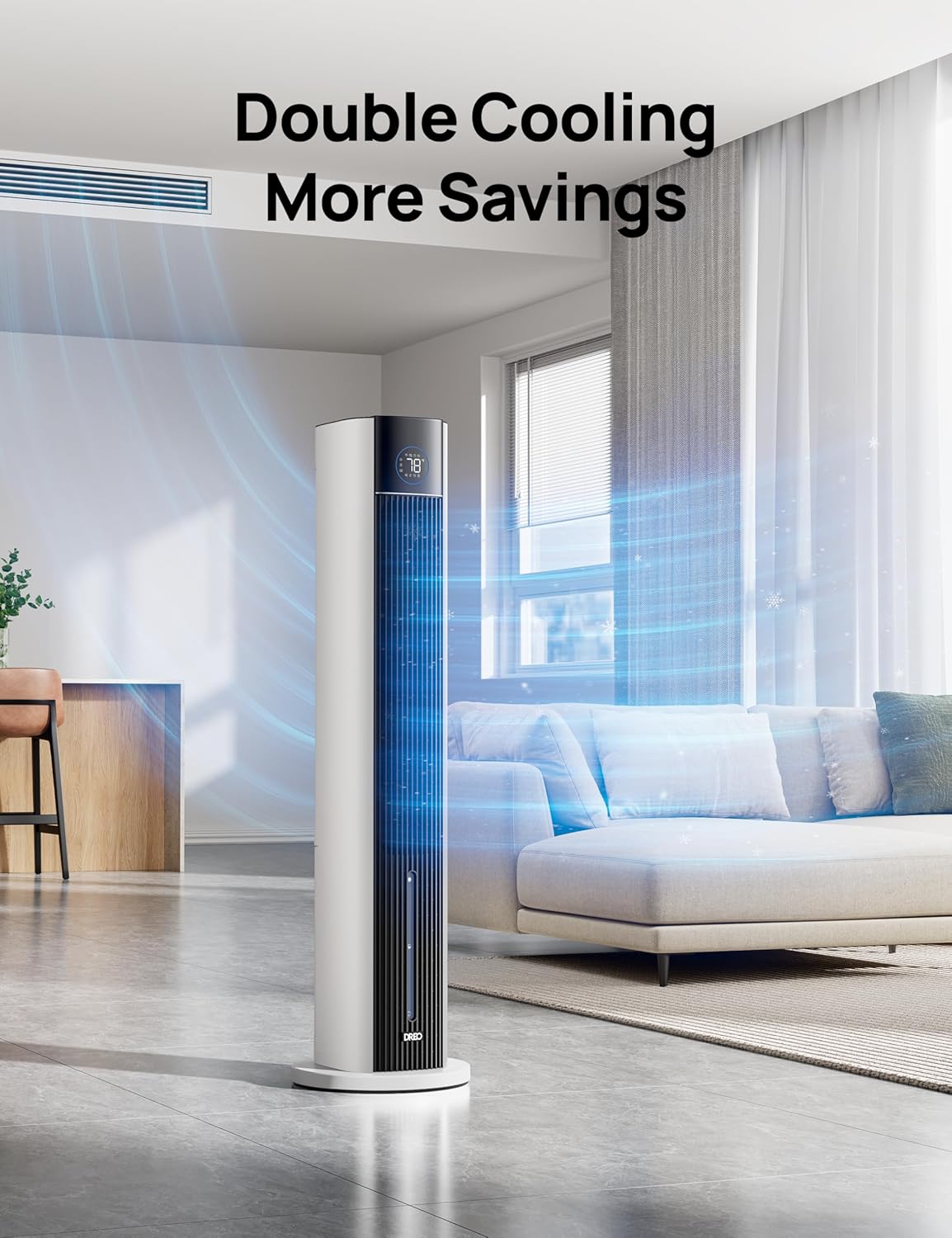 DREO Ventilatore a torre con raffreddamento ad acqua, raffrescatore da 110 cm, silenzioso, 4 velocità, 4 modalità, evaporativo, controllo tramite app, ghiaccio incluso, oscillazione a 80°, timer 12H, bianco