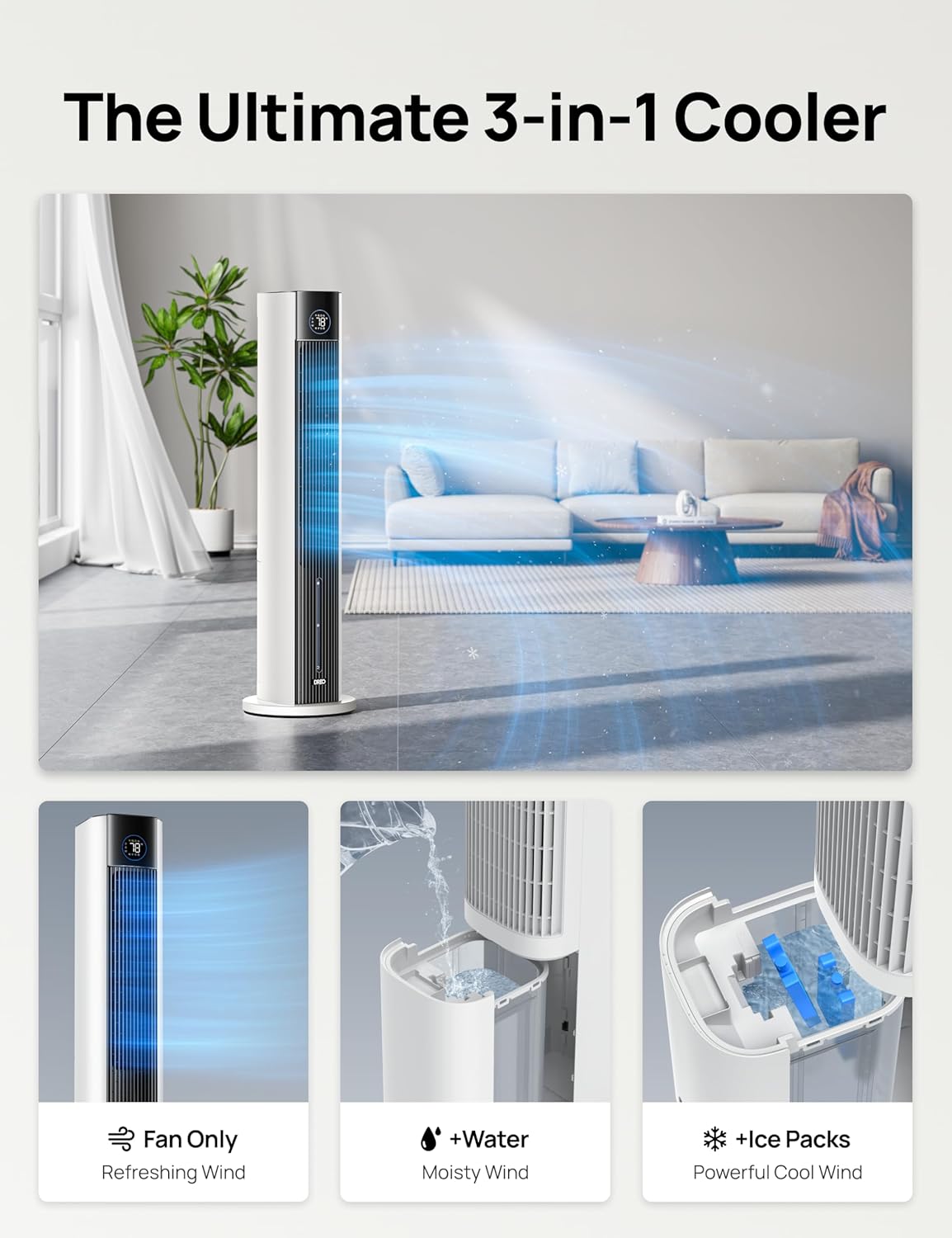 DREO Ventilatore a torre con raffreddamento ad acqua, raffrescatore da 110 cm, silenzioso, 4 velocità, 4 modalità, evaporativo, controllo tramite app, ghiaccio incluso, oscillazione a 80°, timer 12H, bianco